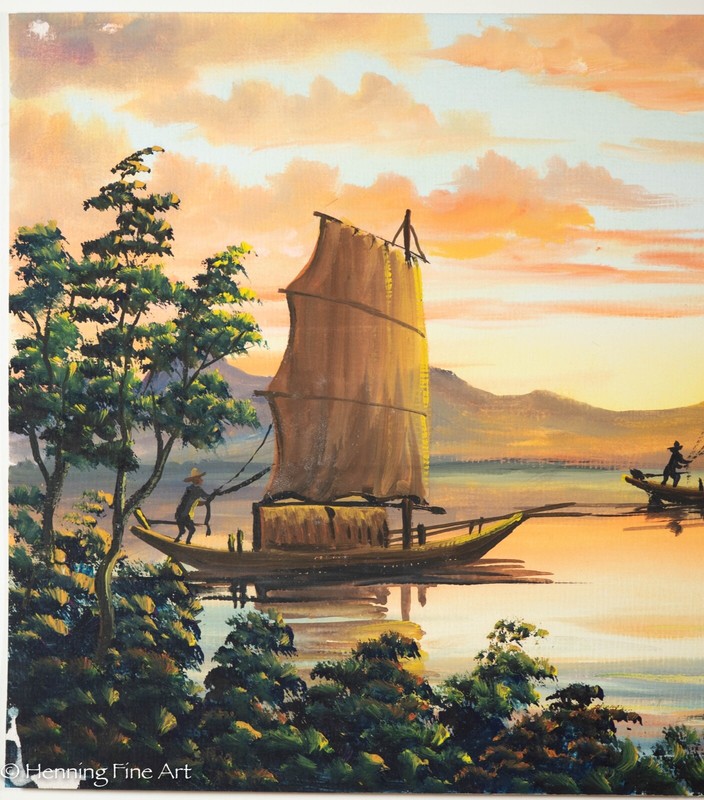 Beautiful Vintage Mid Century South East Asian Junk Boat Landscape Painting 2 gallery