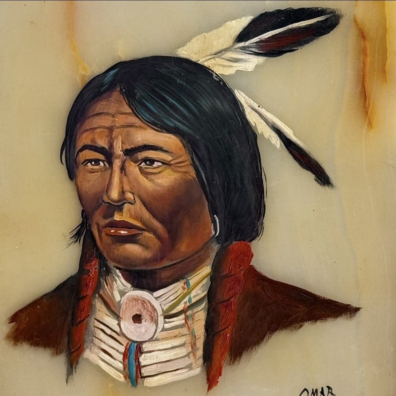 VTG Native American Indian Chief Painting Onyx Set Signed Southwestern Folk Art gallery