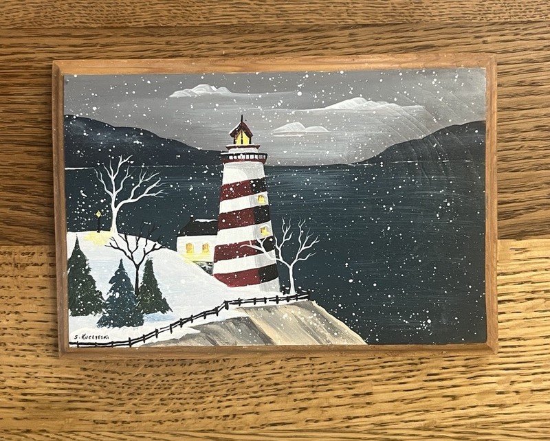 Vintage Handpainted Wood Plaque 1997 Lighthouse Snow Winter Coastal Scene Signed