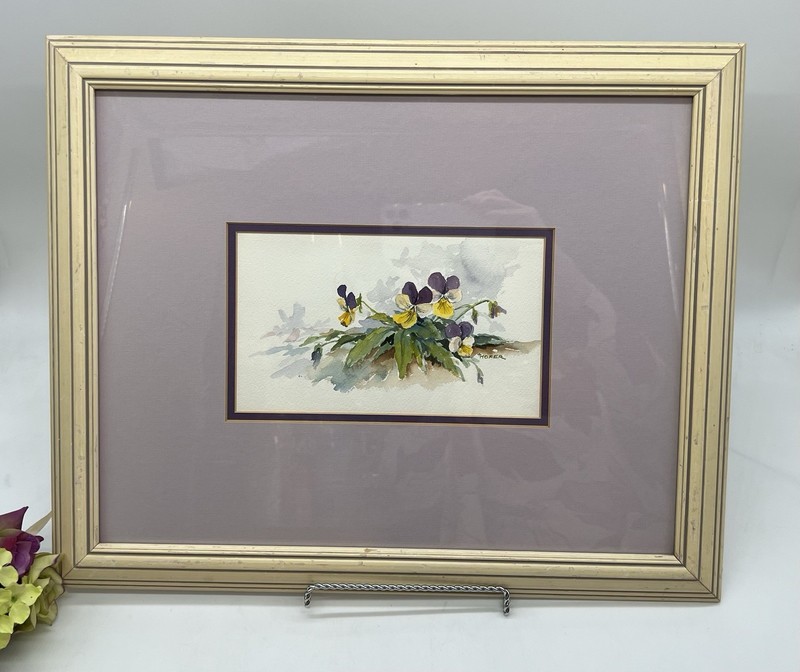Framed Original Watercolor Painting Violets Artist Signed tHofer