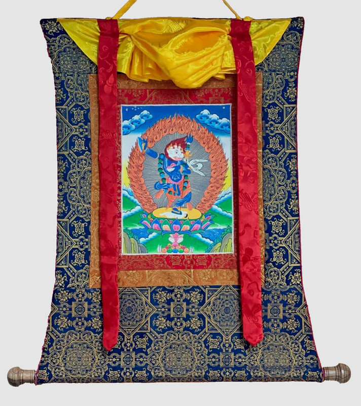 ORIGINAL HAND-PAINTED SIMHAMUKHI YOGINI TIBETAN THANGKA PAINTING WITH SILK FRAME