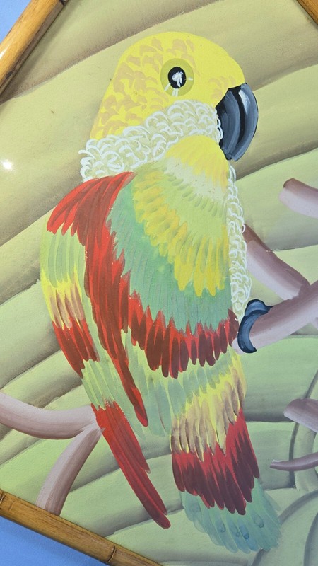 Painting 50's Mid-Century BOHO Parrot Bird Art Faux Bamboo Frame Tropical 23" gallery