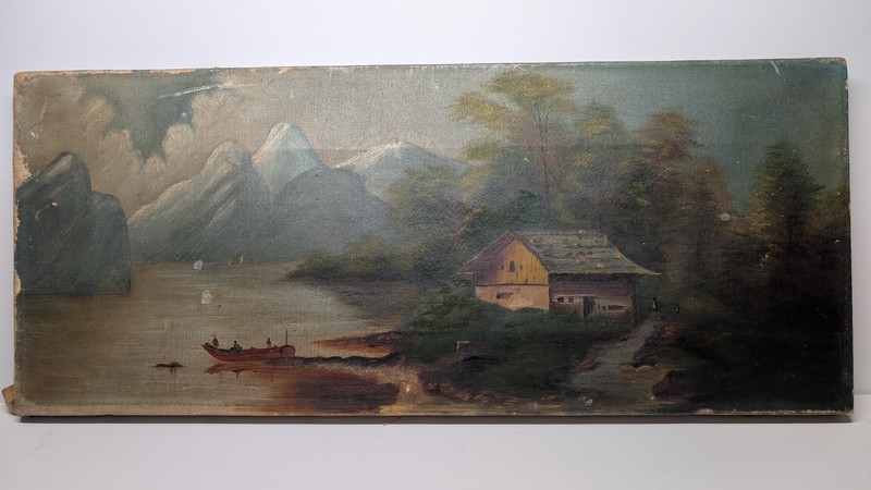 19×8″ early – mid 20th century lakeside home canvas painting