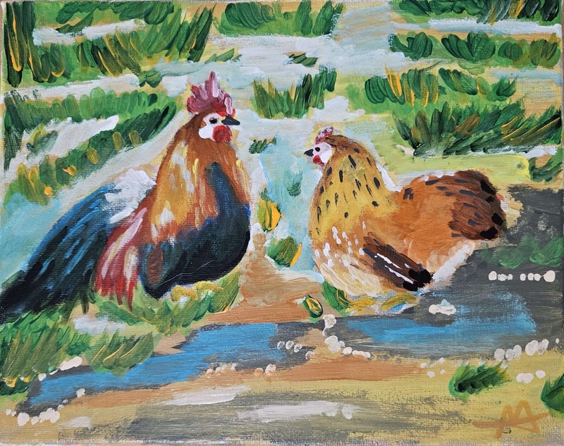 Original Hand Painted 8×10 Inch Canvas Ohiki Chickens, Rooster & Hen Wall Art