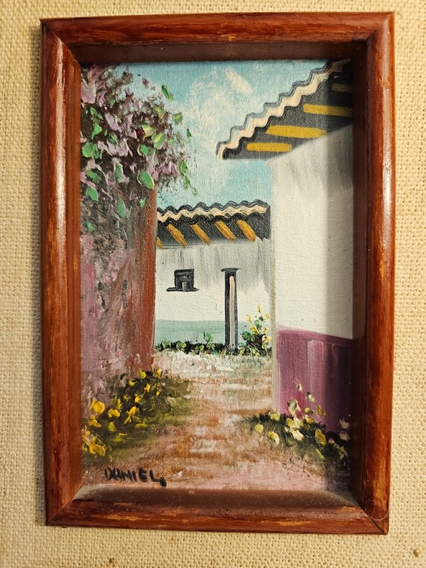 Vtg Original Signed Oil Board Small Painting Front House Door & Window Flowers gallery