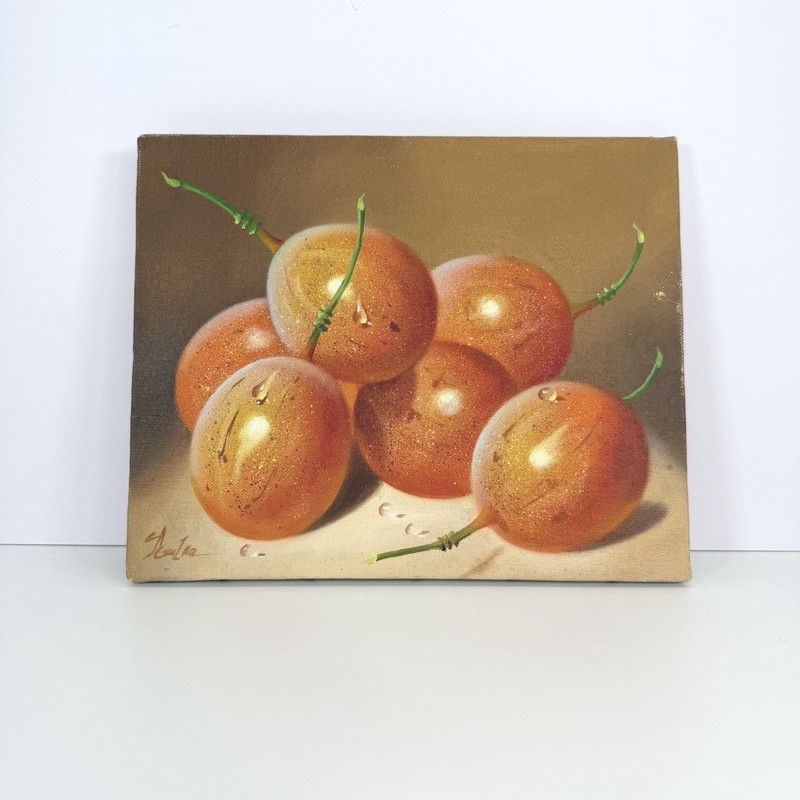 Cherry Fruit Still Life Oil Painting Signed Unframed 10″x8″ Realism Art