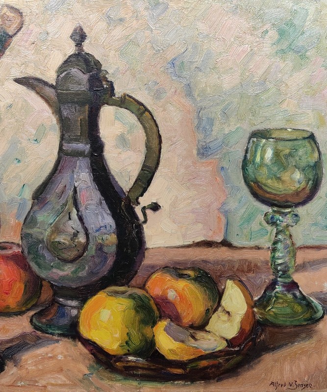 Alfred V. Jensen (1891-1981): STILL LIFE WITH BRUSHES AND ORIENTAL JUG gallery