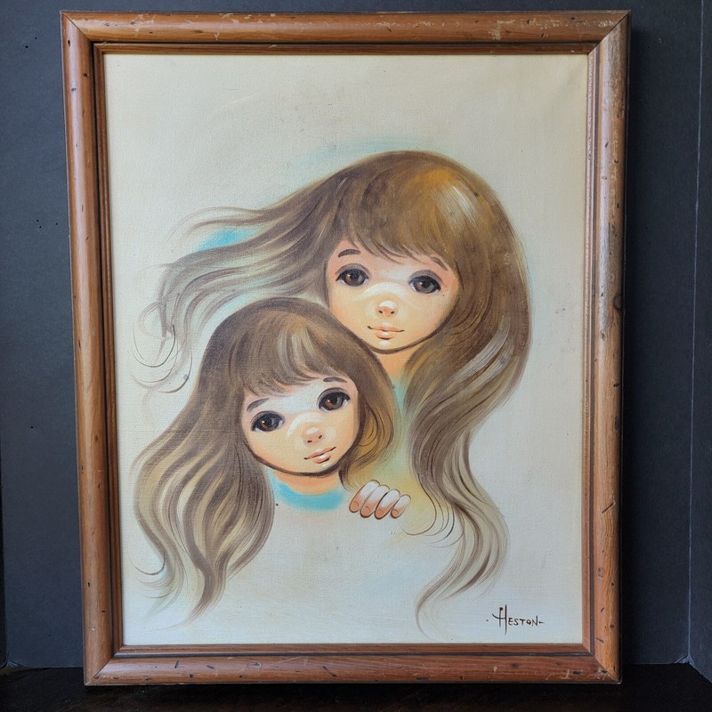 1960s 70s PAINTING MODERNISM Retro Little Girls Big Eyes Signed Heston
