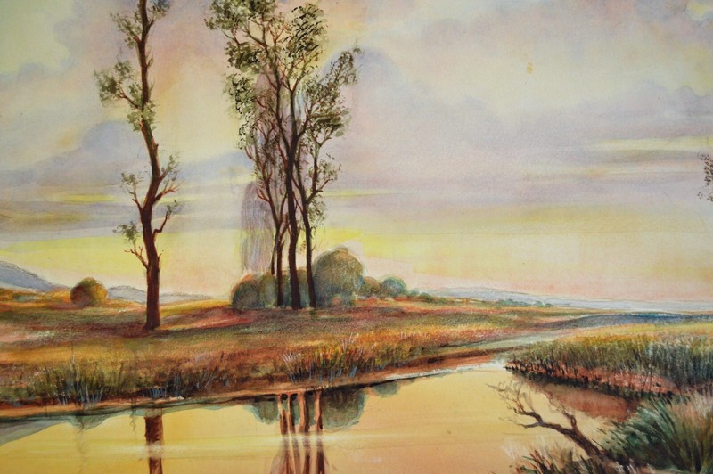 DAVID MACKOFF ANTIQUE WATERCOLOR ON CARDBOARD SIGNED DATED 1939 RIVER LANDSCAPE gallery