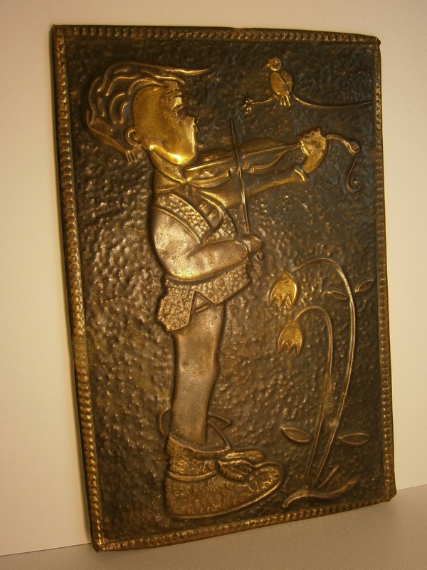 Boy Playing Violin Vtg Embossed Metal Picture Violinist Player Musician Painting gallery