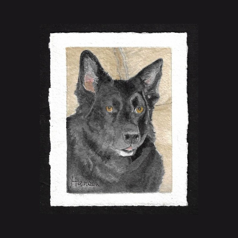 ACEO Original BLACK GERMAN SHEPHERD Miniature Watercolor Painting w/Mat «Chuck»