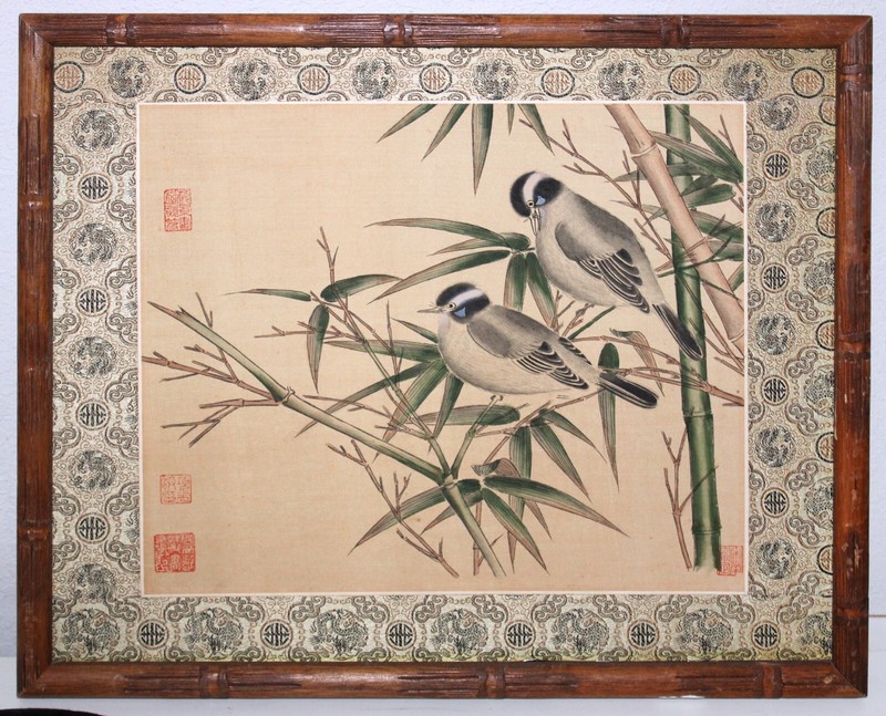Painting on Silk Birds with Bamboo Signed Fabric Mat Bamboo Frame Vintage