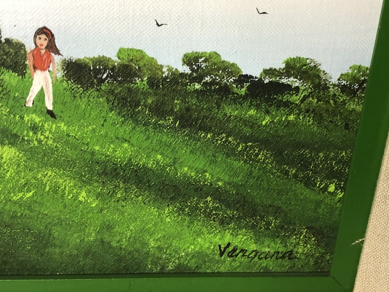 Original Vergara Acrylic On Canvas Board Painting Little Girl Grassy Hill Birds gallery