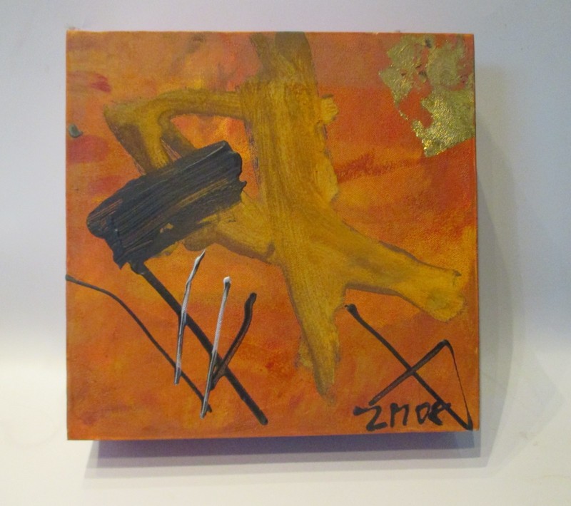 abstract red orange 3 mixed media acrylic/LW 30x30x6 cm texture art monochrome
