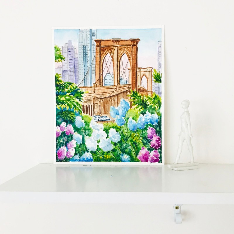 Original Art Brooklyn Bridge Painting New York City Watercolor NYC 12 x 9" gallery