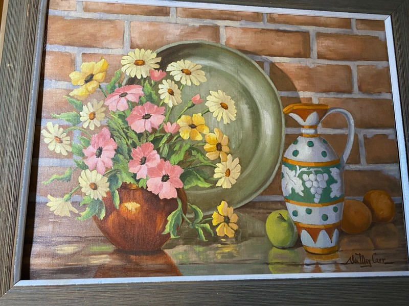 Ida May Carr «Still Life With Flowers And Green Plate Oil Painting-Signed/Framed