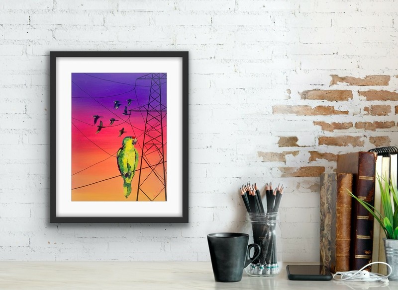 Original Parrot Pop Art, «A Moment In A Pandemic» – 12″x16″ unframed, acrylic