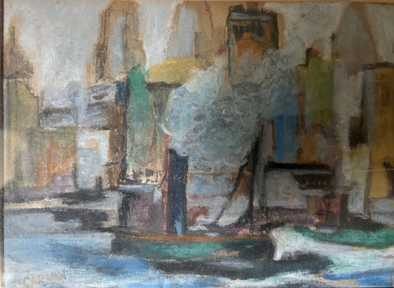 Impressionist Watercolor/ Mixed Media (NYC?) Signed CARMIN 14.5”x12.5” Framed gallery