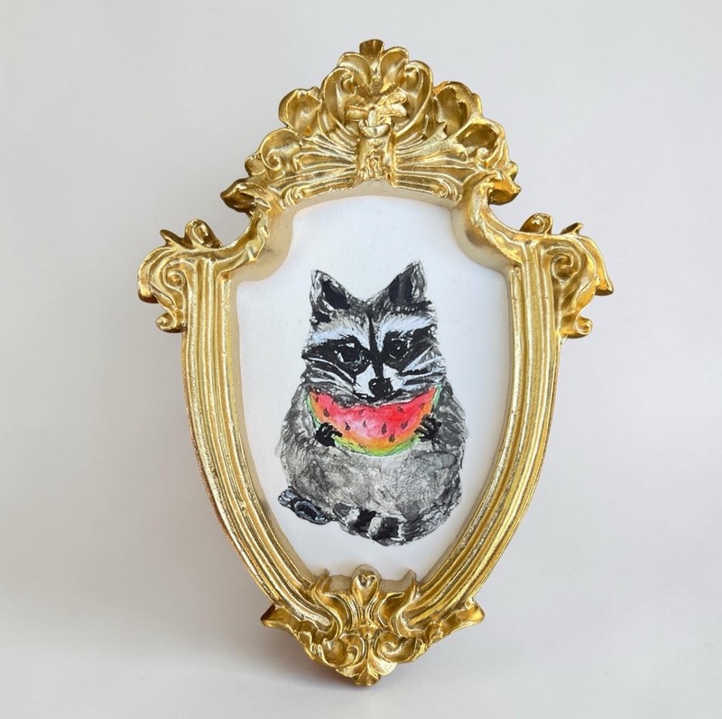 Raccoon eating Watermelon 🍉 mini animal print • vintage style gold ornate frame