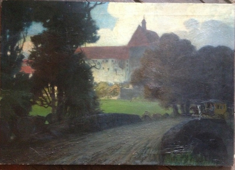 Oil Painting Stagecoach South German Convent Lock Bridge Signed Um 1910 Antique
