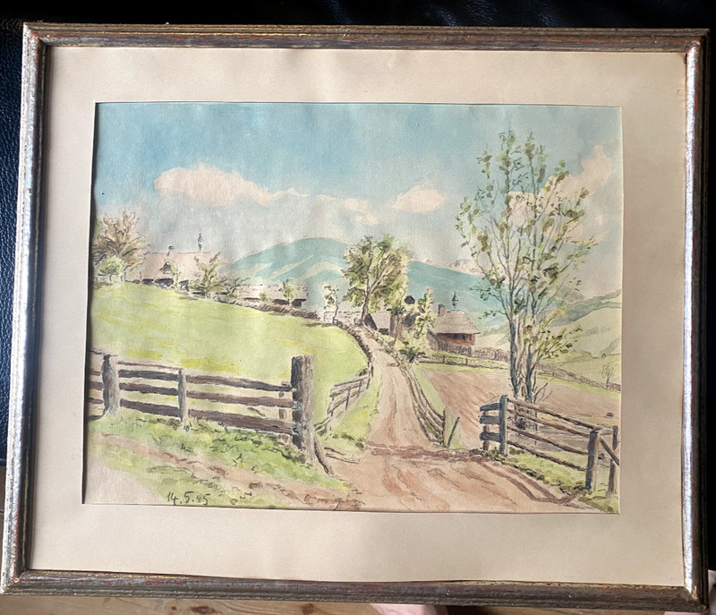 Aquarell 14.05. 1945 Alpen Kapelle Alm Wiesen Rahmen Gatter Berge Frühling Mai