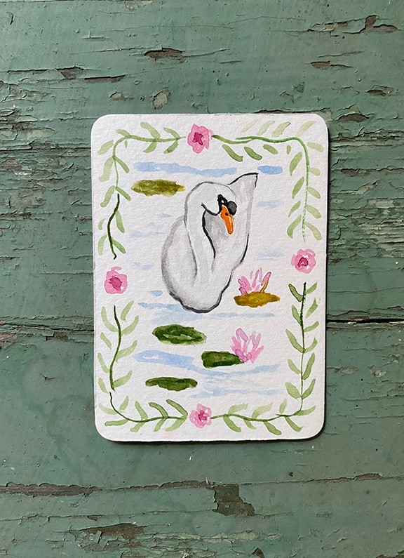 ORIGINAL- Swimming swan floating about the lilypads- water color- ACEO ATC