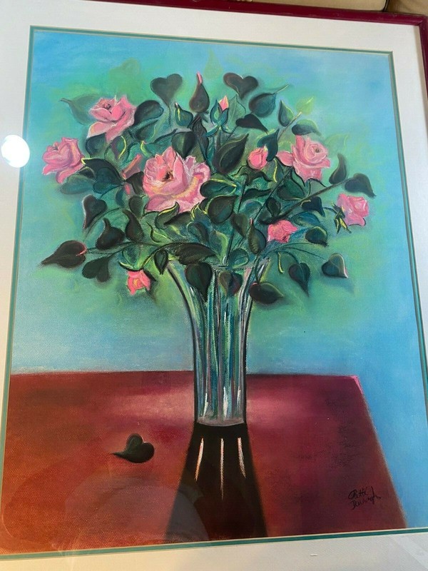 Large "Floral Table Top Still Life Scene" Pastel Painting - Signed And Framed gallery
