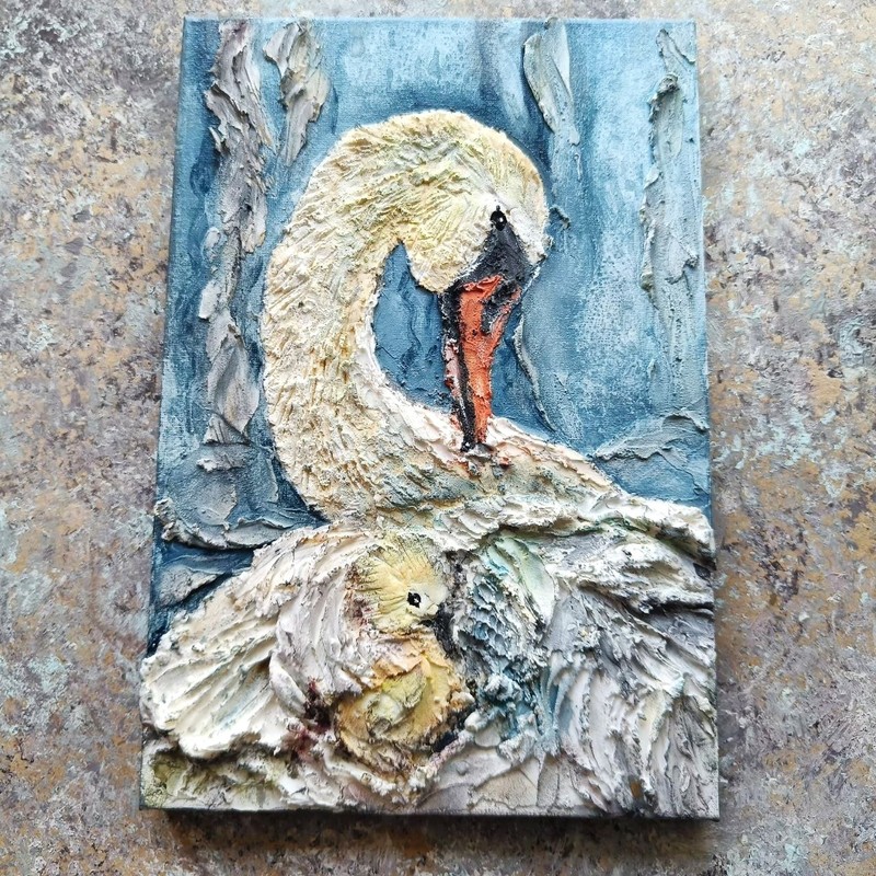 Original Volume Oil Acrylic Painting Wall Textured Art Mother Swan & Baby 12x8in gallery