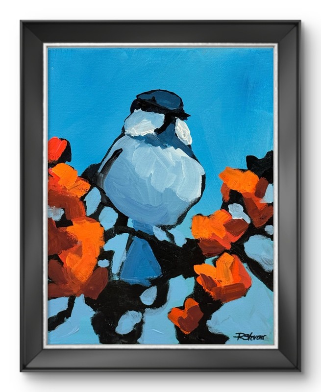 Chickadee Bird and Poppies Painting 11×14 Original by R Stevens