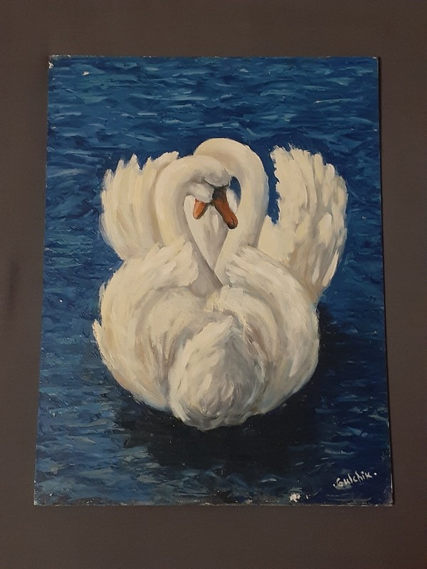 Swans Love original oil painting 12.75″ x 17.5″ by Gulchik on a wooden board