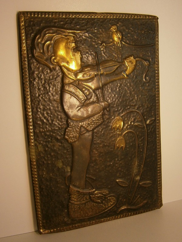 Boy Playing Violin Vtg Embossed Metal Picture Violinist Player Musician Painting gallery