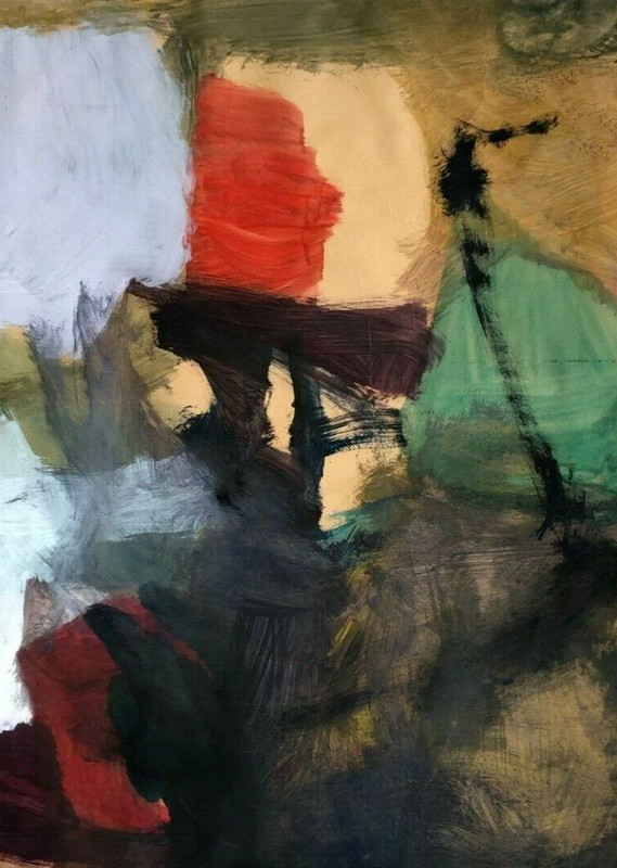 LARGE, MID-CENTURY MODERN ABSTRACT «COMPOSITION» WATERCOLOR/MIXED MEDIA. SIGNED