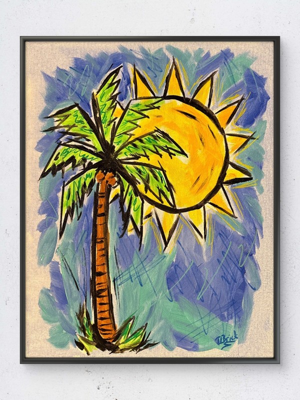 Original Palm Tree Tropical Sun Expressionist 11×14 Acrylic Canvas Painting