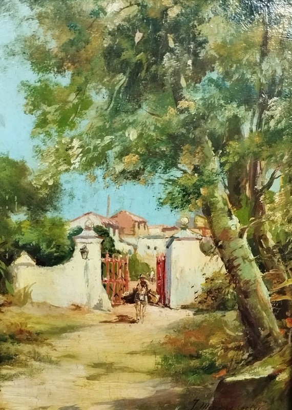 PEASANT LEAVING THE HACIENDA. OIL PAINTING. J. MENDOZA CORTÉS. SPAIN (?) 19TH