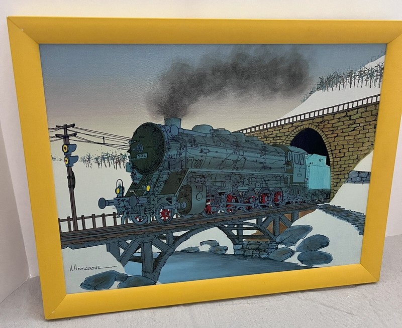 H. Hargrove WINTER TRAIN ENGINE Oil Painting 14X 16 – FRAMED Vintage