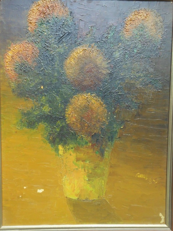 1955 Impressionist Still Life Oil Painting Sunflowers Signed and Dated 18″ X 24″