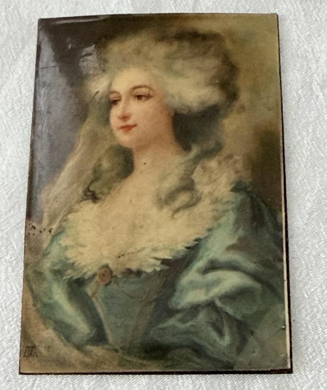 VINTAGE Miniature of LADY ARISTOCRAT Painting on METAL/TIN MADE IN GERMANY