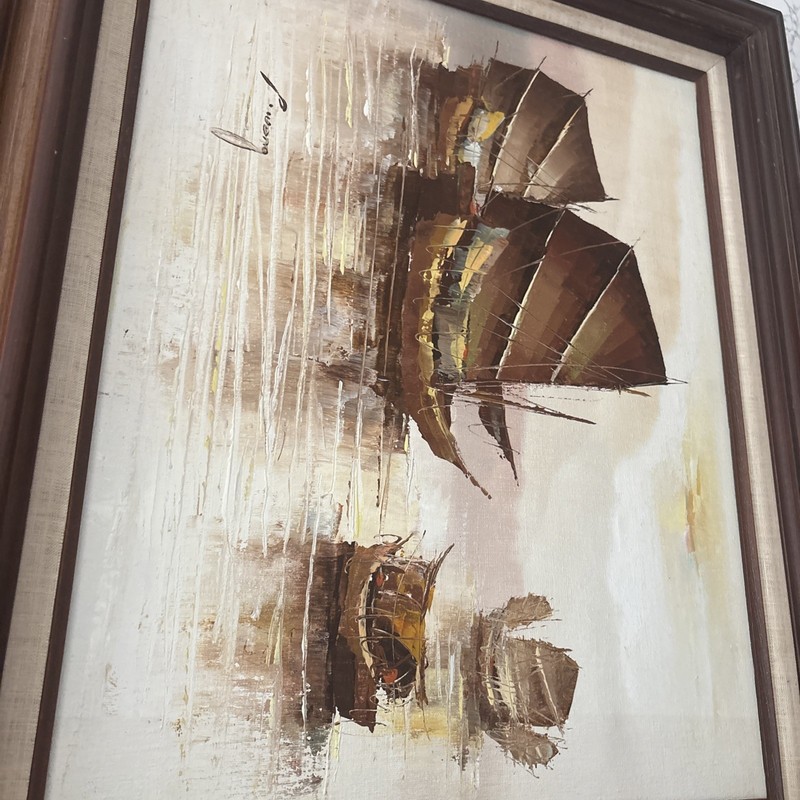 Vintage P. Wong Signed Seascape Oil Painting – Boats & Harbor – Mid-Century gallery