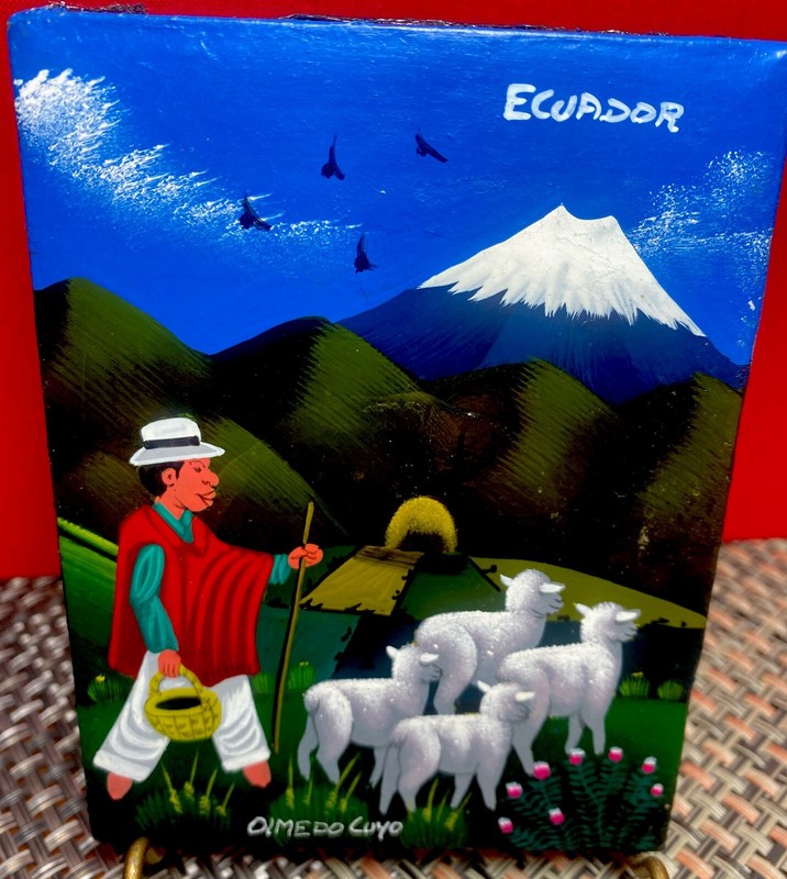 Small Folk Art Painting on Hide Ecuador Shepherd and Flock 4 1/2" by 3 1/2"