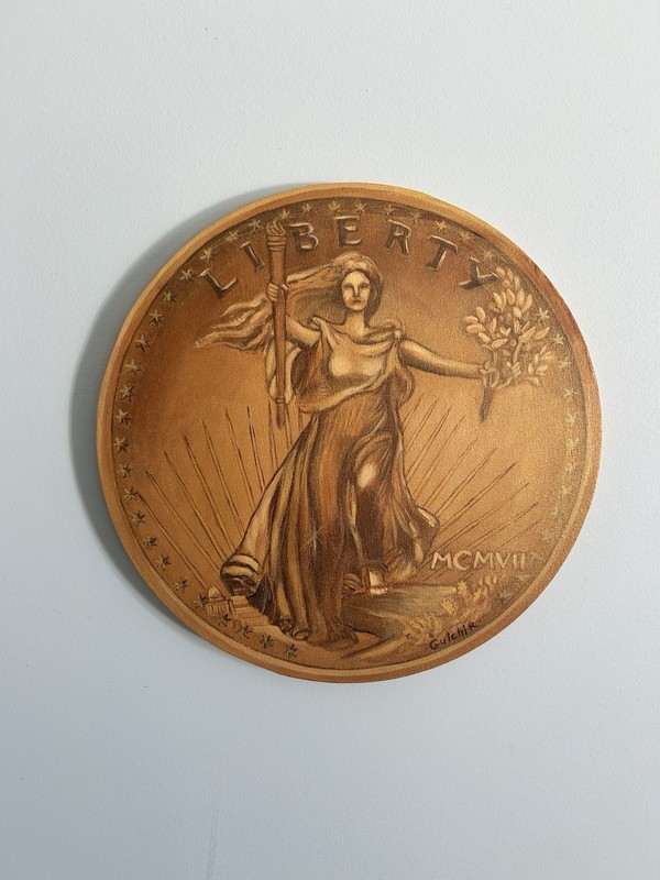 Rare Coin Collection Gold Liberty Original Painting 12 inches