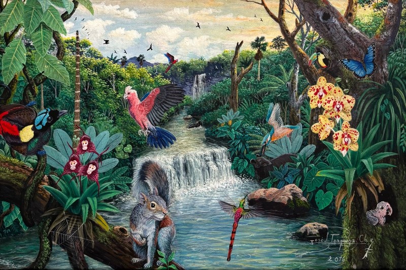 Original, Leather Canvas, «Paradise Along The Amazon» by J. Toaquiza 7.9″x11.8″
