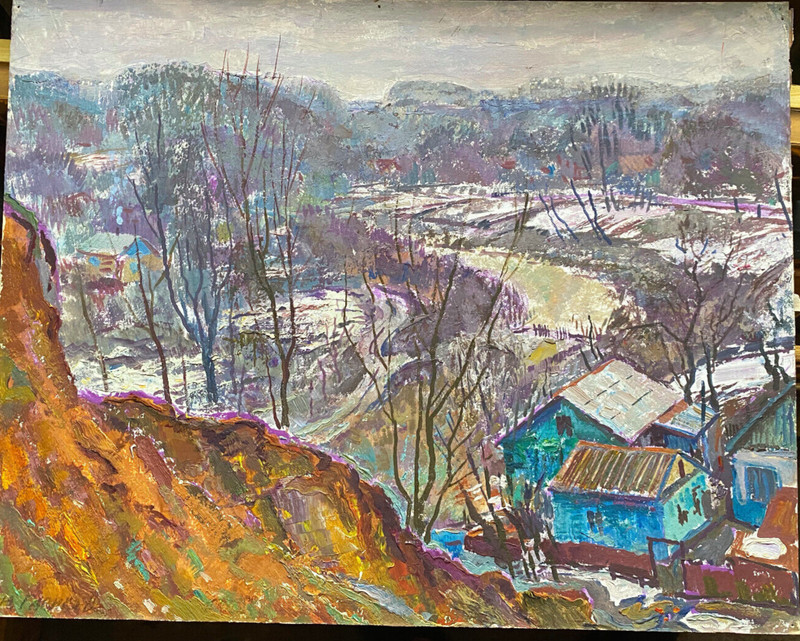 ::ACRYLIC INDEUTL.SIGN.1982 RUSSIAN MOUNTAIN VILLAGE IN WINTER FOREST LANDSCAPE
