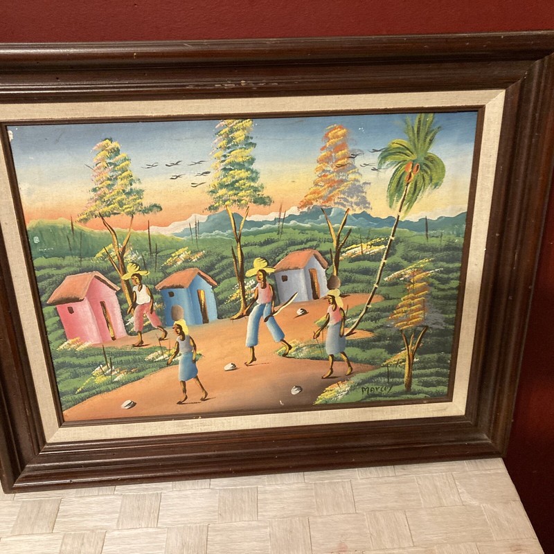 Haiti Painting Canvas signed Marcey 16”x20”Matted FrameHaitian Life people color