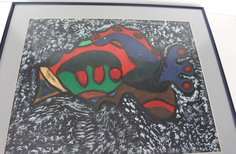 Original Painting Fish Signed Tunji Idowu Folk Art 2001 Primitive 18x21" Framed gallery