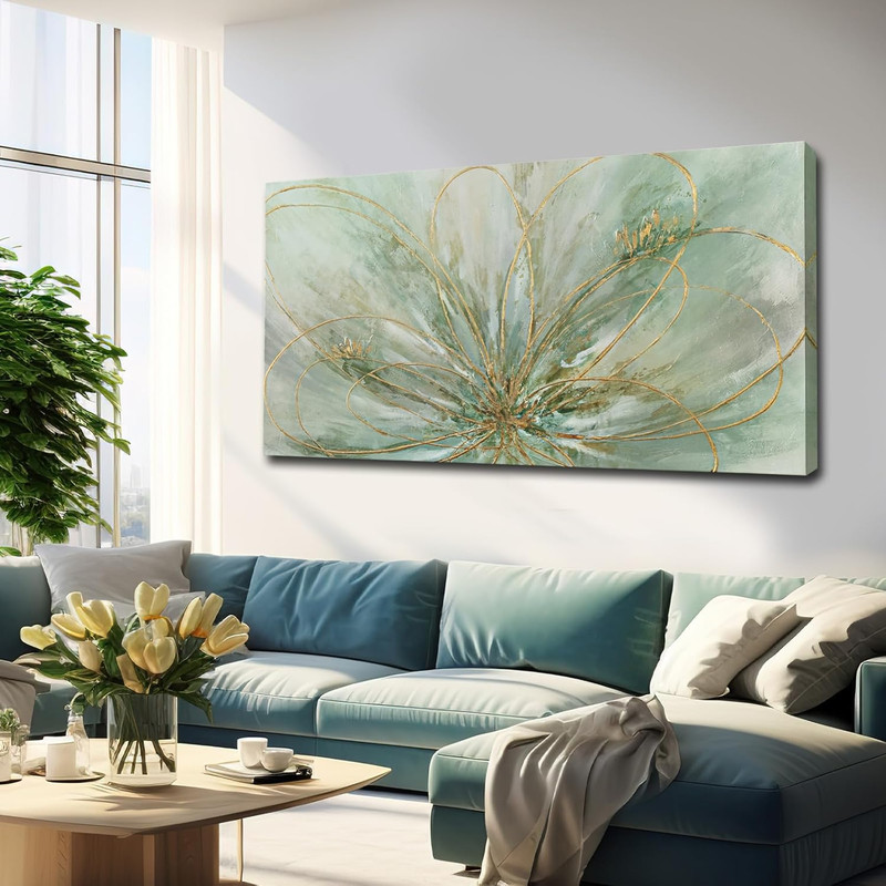 Modern Green Flowers Canvas Art with Gold Foil for Home & Office 24″ X 48