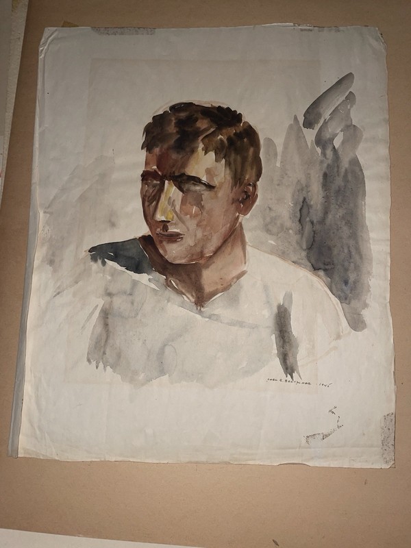 Antique Original Watercolor Painting Signed Carl E. Breather 1945 Bust Man