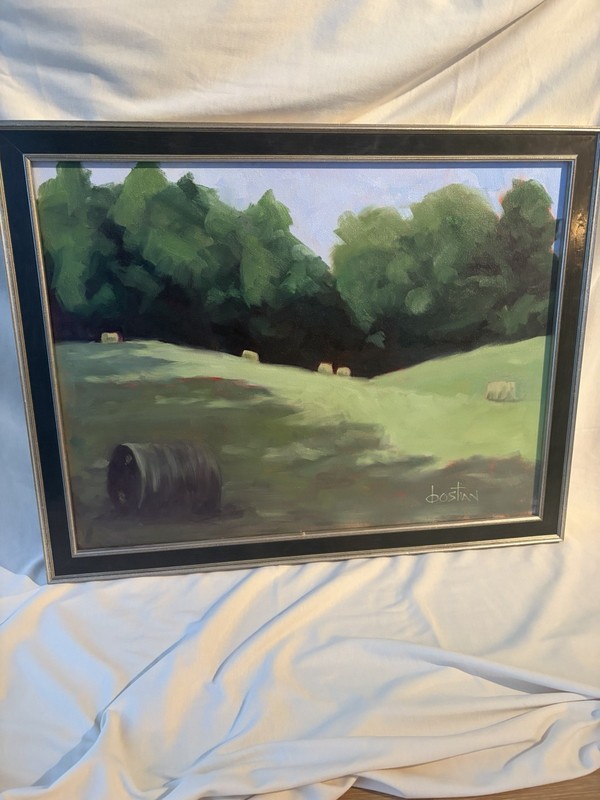 Dostian Framed Signed Impressionist Landscape Painting - Trees & Hay Bales Field gallery