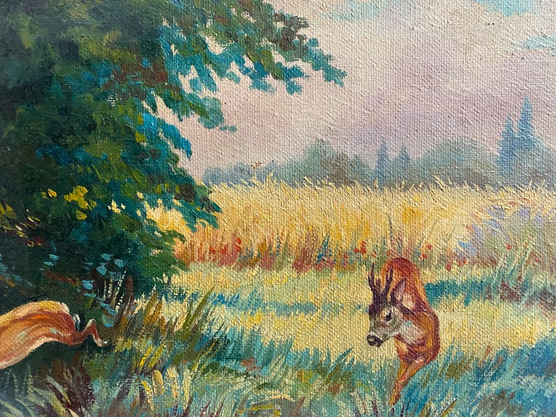 Oil Painting Sign A.Pfaller 1951 Playing Deer on The Wheat Field At Waldesrand gallery