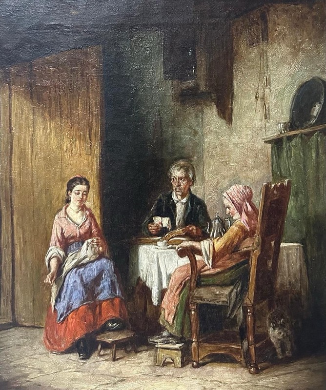 Mark Langlois (1848-1924) : Rustic Figures And Their Cat, Oil On Canvas , Signed gallery