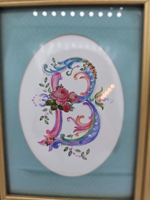 Vtg Framed Floral Monogram "B" Signed J. Pearson Watercolor Print Ornate gallery